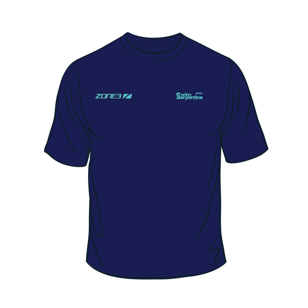 Swim Serpentine Organic Cotton T-Shirt in navy blue with logo and modern style.