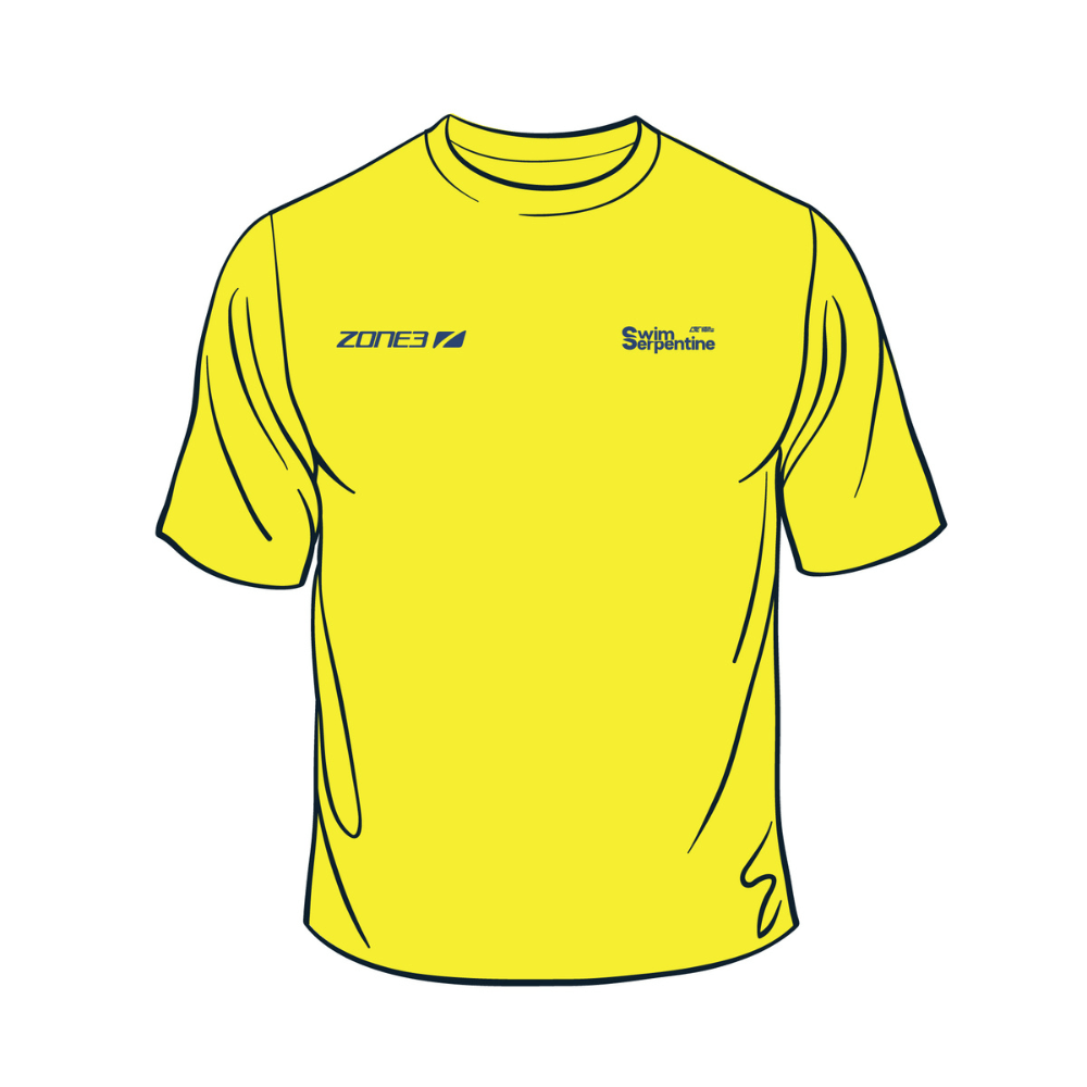 Swim Serpentine Organic Cotton T-Shirt in bright yellow color showcasing modern tubular construction.