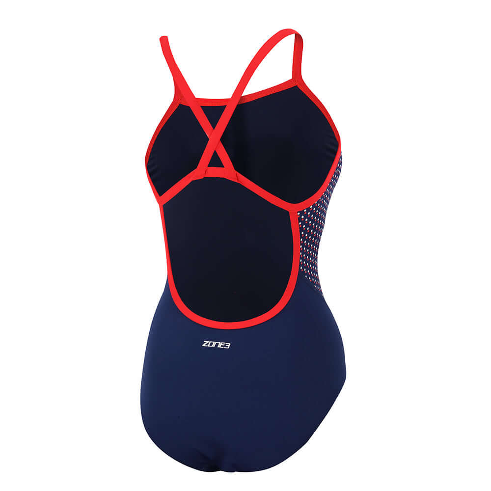 Swim Costume (USA ) - Back view of a navy swimwear with red accents and crossback design.