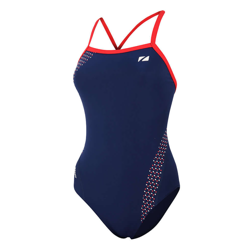Swim Costume (USA) featuring a navy blue design with red accents and stylish straps.