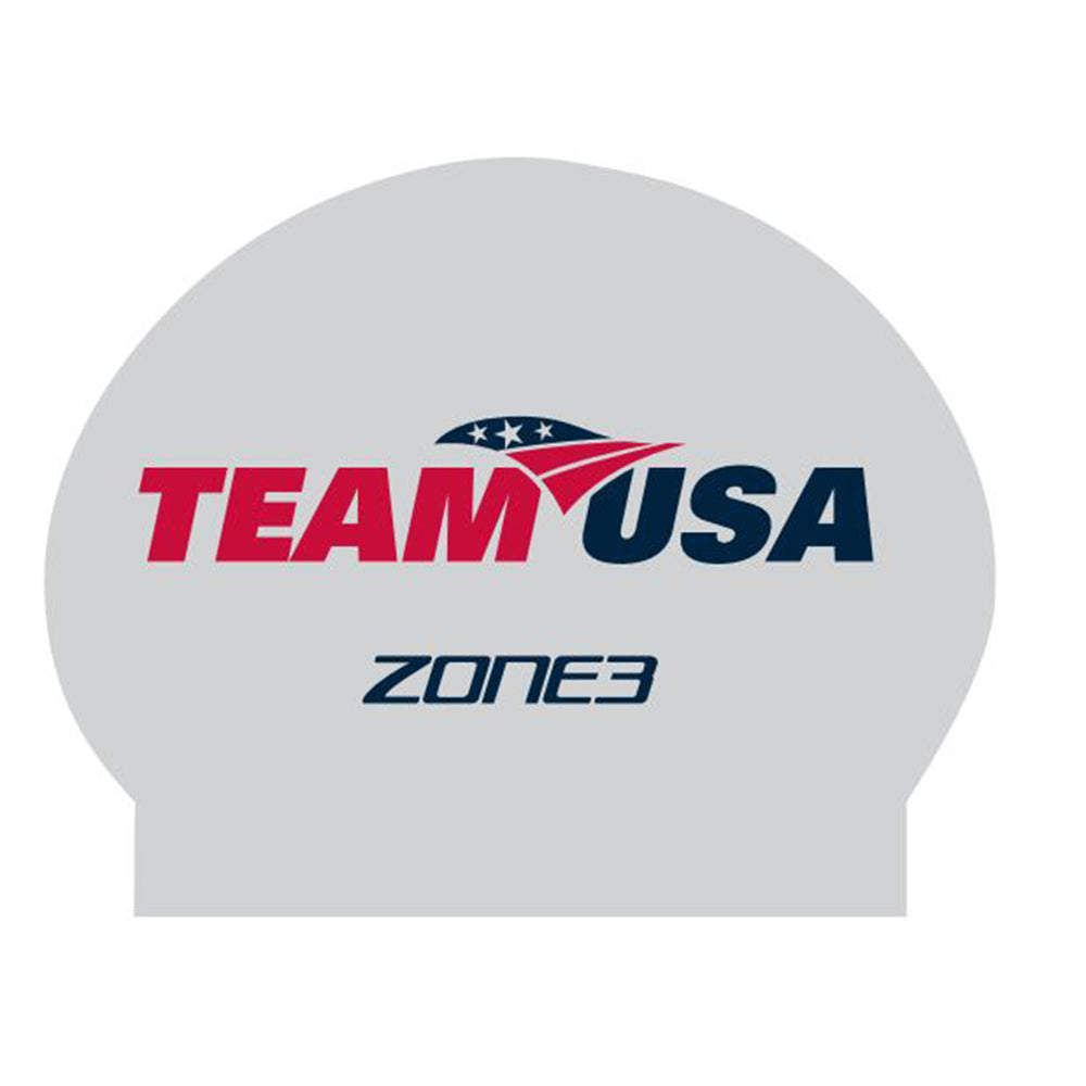 Silicone Swim Cap USA - Silver with TEAM USA logo and Zone3 branding, designed for comfort and ease of use.