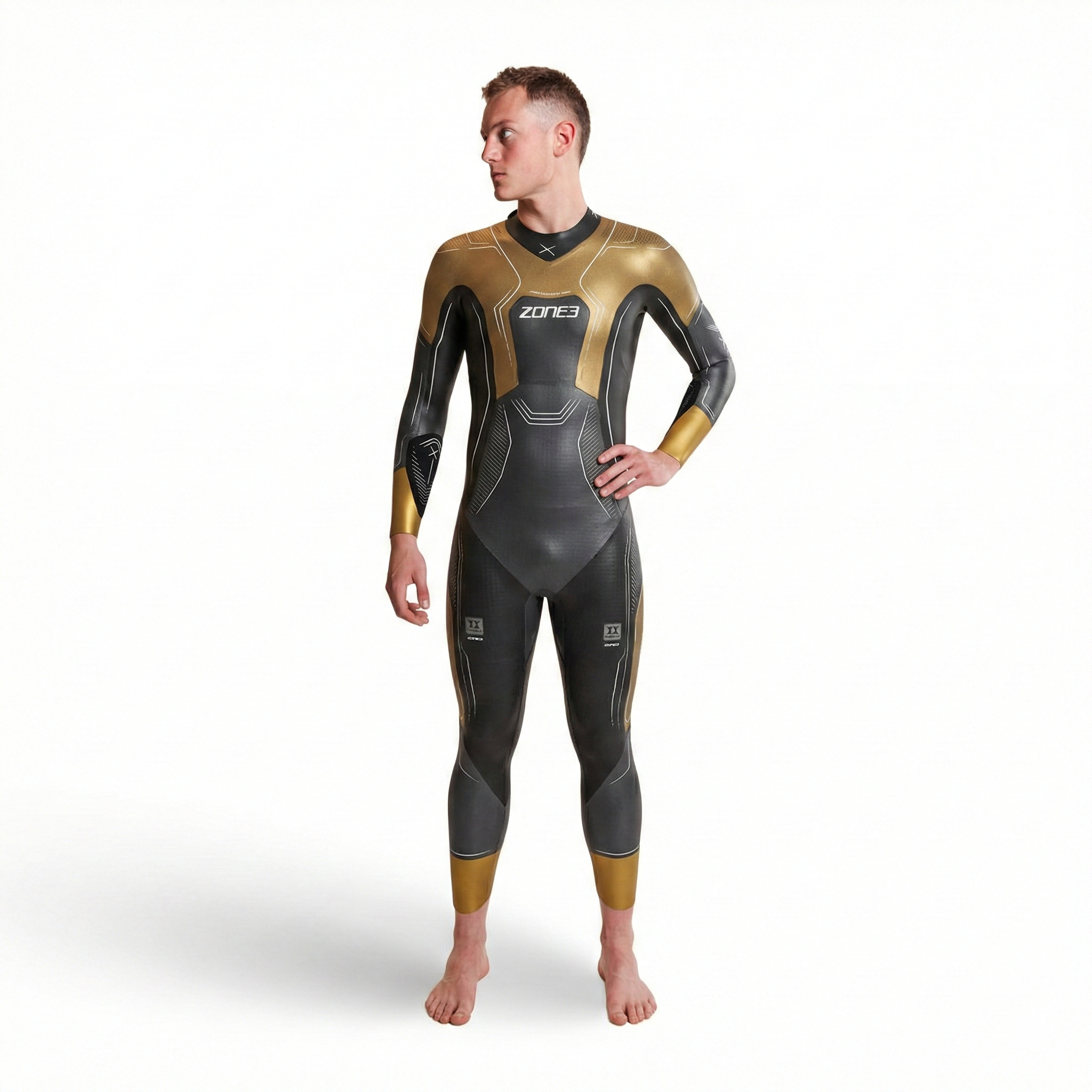 model  wearing a Zone3 wetsuit on a white background