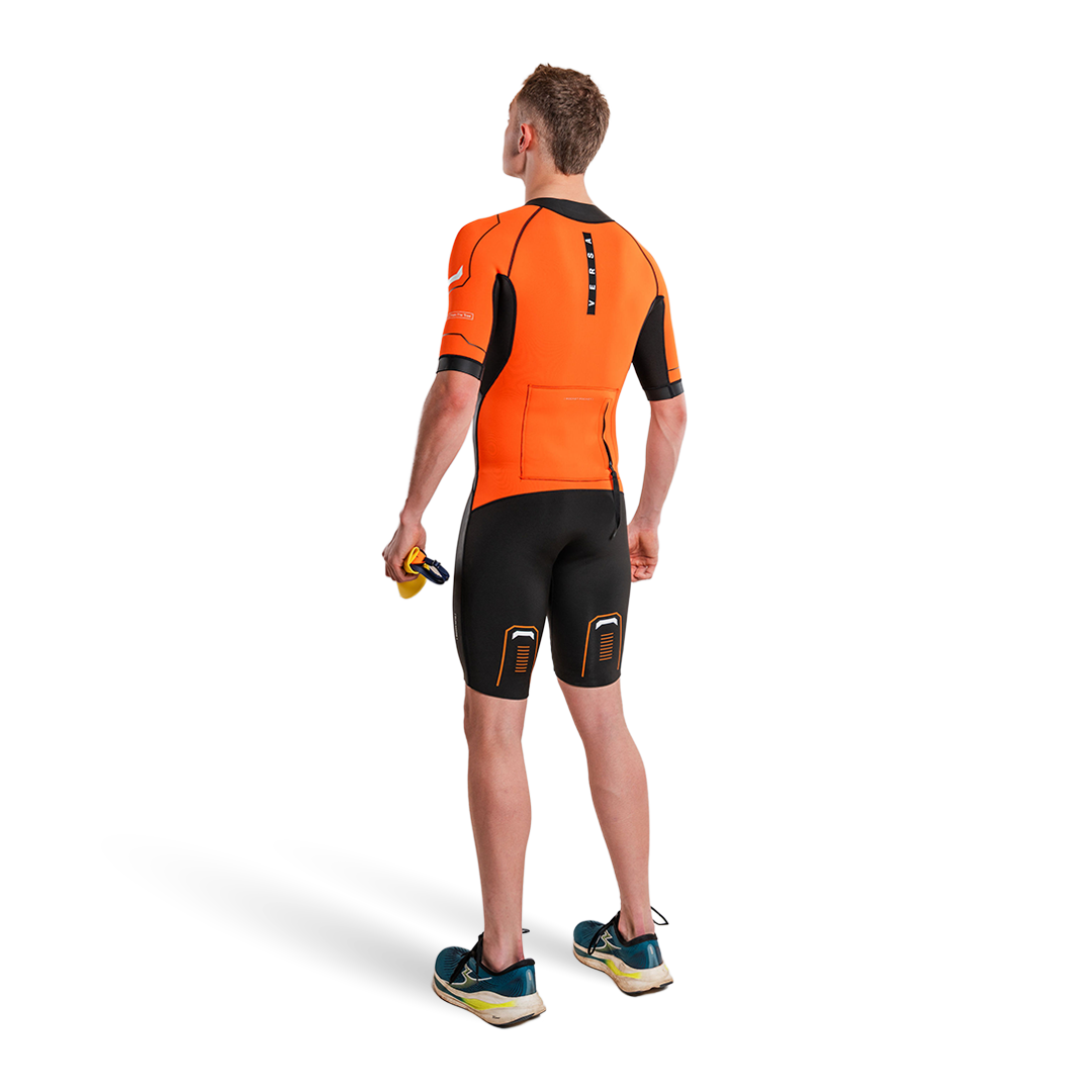 Versa Swimrun Wetsuit shown on a model from the back, designed for performance and comfort in swimrun activities.