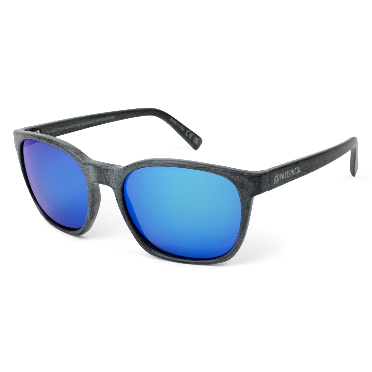 Waterhaul sunglasses with matte dark grey frames and vibrant blue mirrored polarized lenses, made from 100% recycled ocean plastic. Sleek, sustainable design built for outdoor performance and eco-conscious lifestyles.