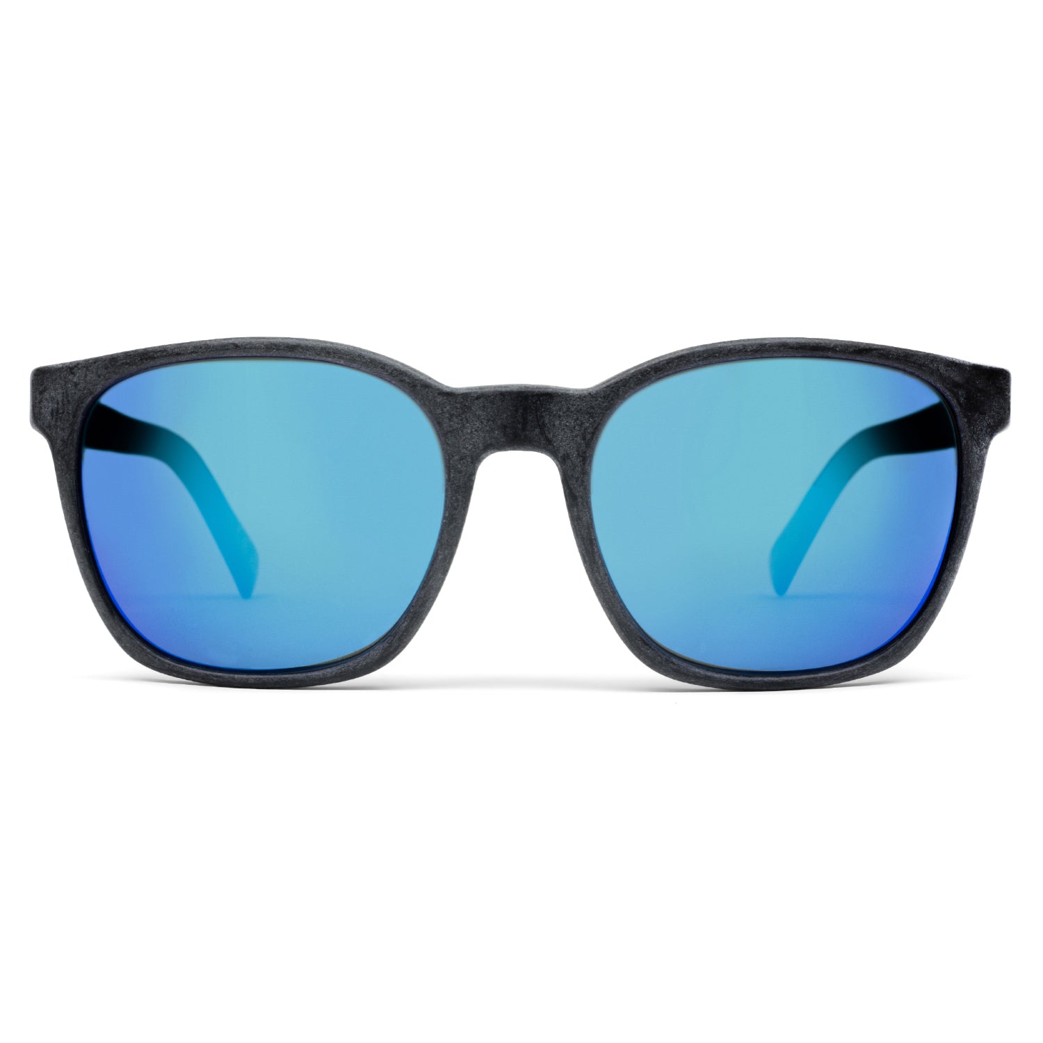 Waterhaul sunglasses with matte dark grey frames and vibrant blue mirrored polarized lenses, made from 100% recycled ocean plastic. Sleek, sustainable design built for outdoor performance and eco-conscious lifestyles.