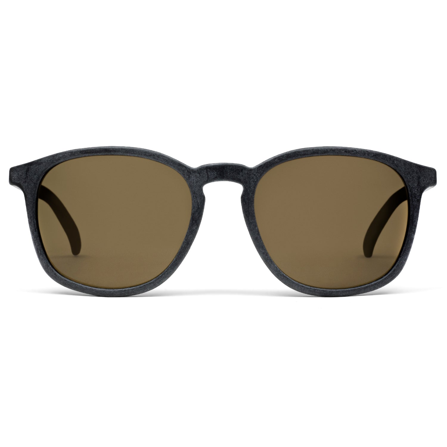 Waterhaul sunglasses with matte dark grey frames and brown polarized lenses, crafted from 100% recycled ocean plastic. Lightweight, sustainable eyewear with a subtle cat-eye silhouette, designed for active outdoor lifestyles.