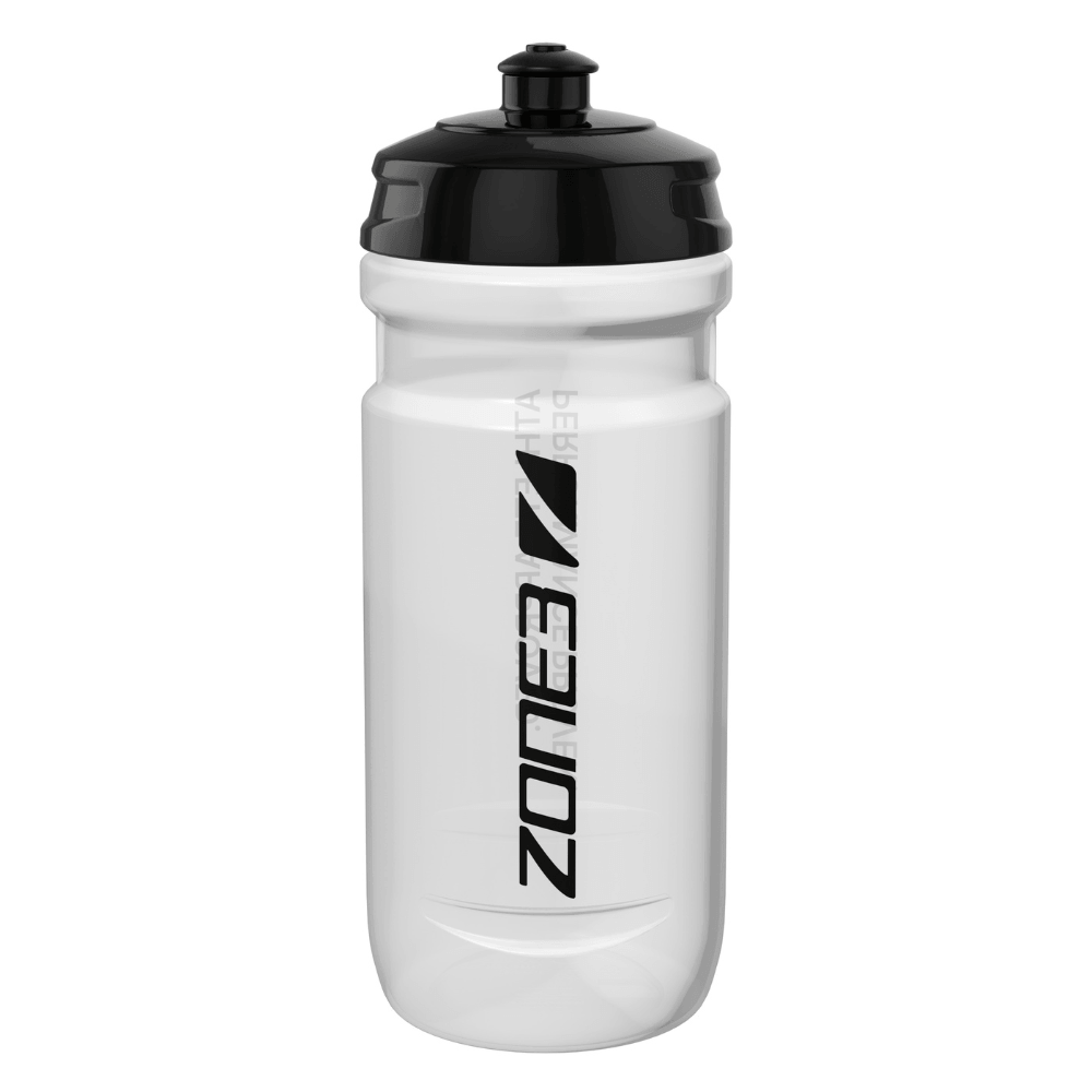 White water bottle with black cap and 'Zone' branding on a white background