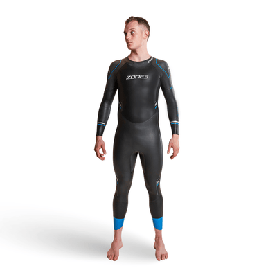 Advance wetsuit worn by a model black full length wetsuit with blue accents on sleeves and calves