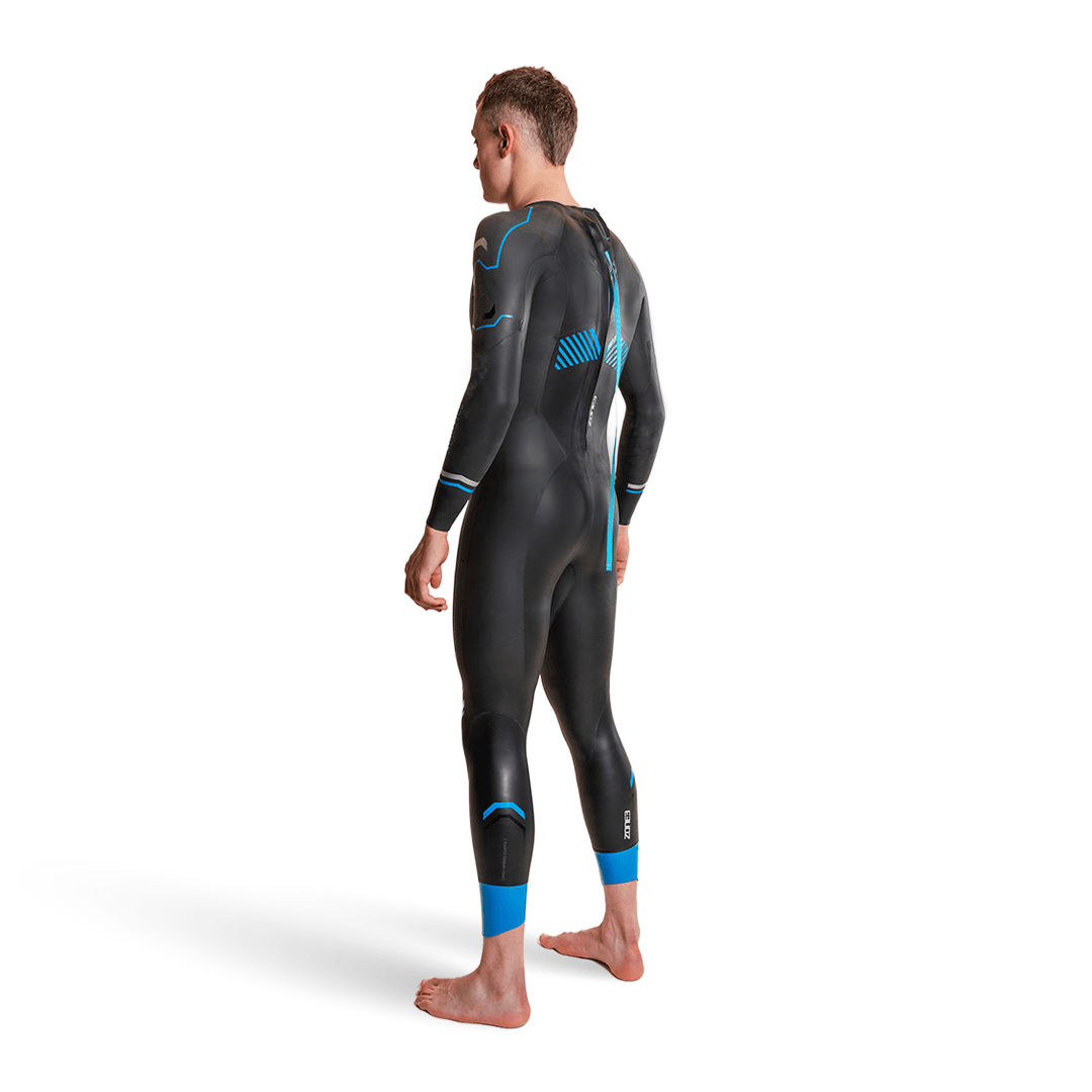 Back view of a man in a black Advance wetsuit with blue stripes and center back zipper.