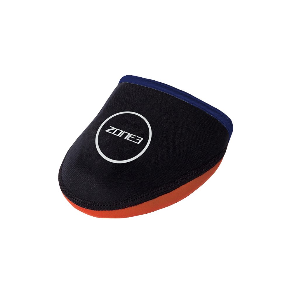Black neoprene toe cap warmer with orange underside and Zone3 logo
