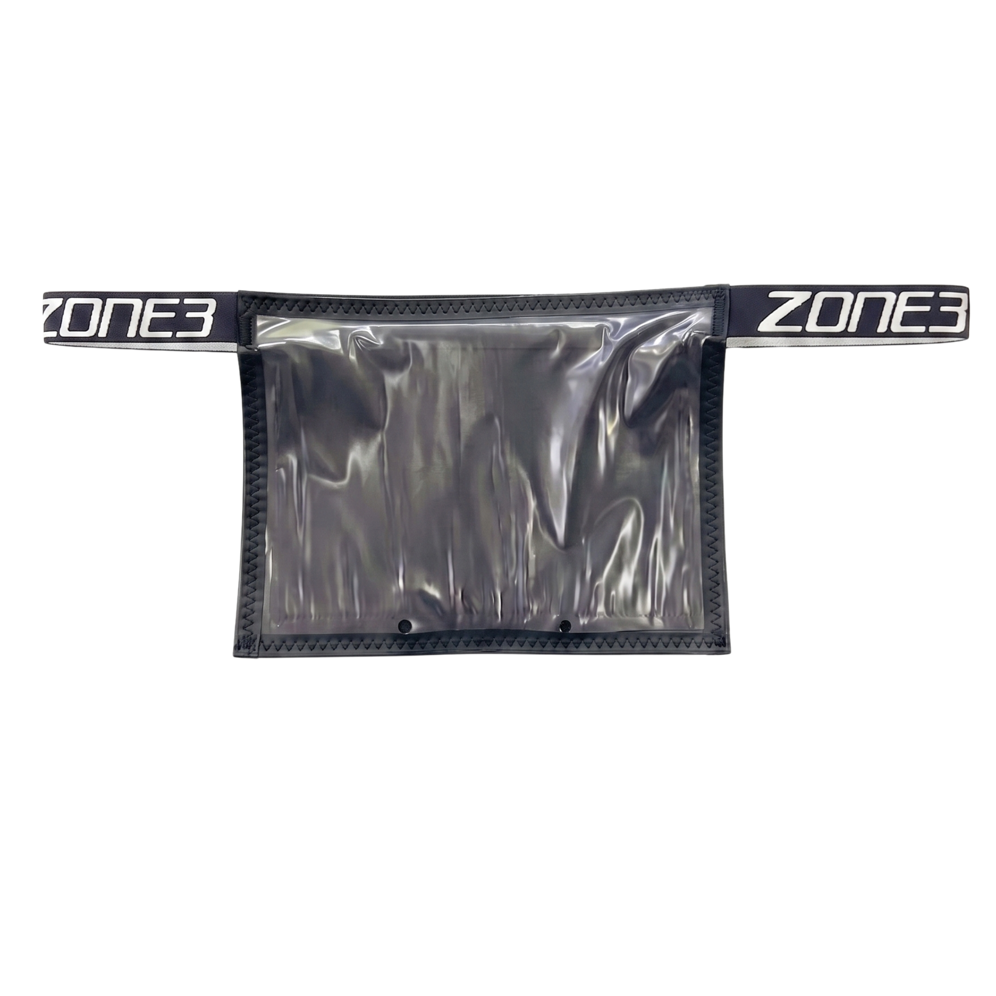Un sac banane athlétique Zone3 noir avec une pochette avant en plastique transparent, présenté sur un fond blanc uni.