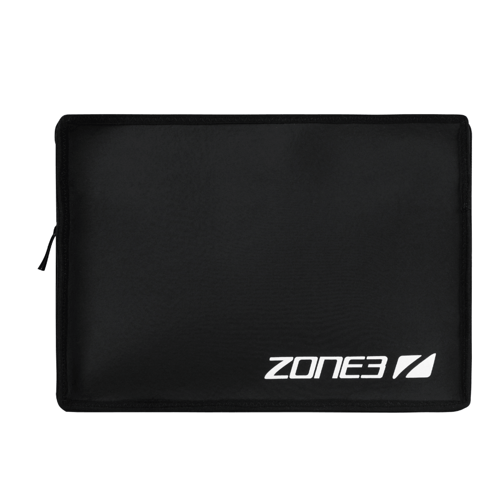 Black ZONE3 laptop sleeve made from recycled wetsuit material, with a white ZONE3 logo in the bottom right corner and a zipper on the left edge.