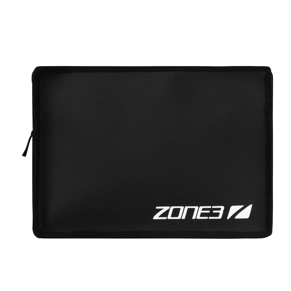 Black ZONE3 laptop sleeve made from recycled wetsuit material, with a white ZONE3 logo in the bottom right corner and a zipper on the left edge.