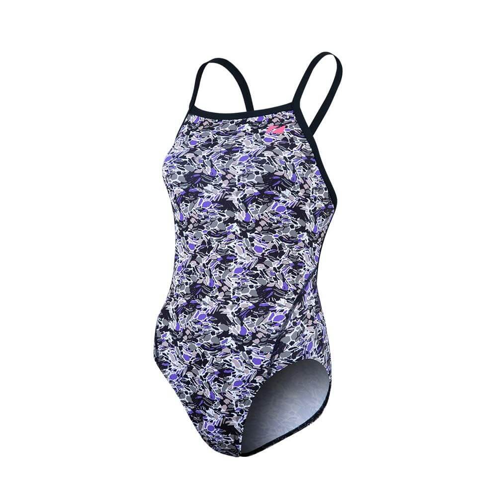 Maillot de bain une pièce avec un motif abstrait noir, blanc et violet - l'imprimé Pacific Koa. Doté de fines bretelles noires et d'une jambe échancrée.