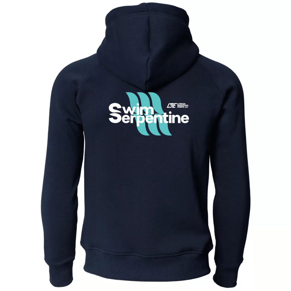 Back view of Swim Serpentine Hoodie featuring a stylish logo and durable fabric design.