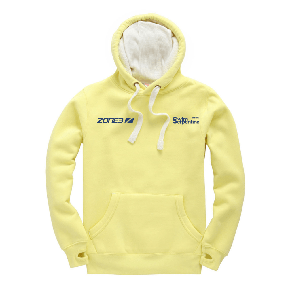 Swim Serpentine Hoodie in yellow, featuring a kangaroo pocket and waffle lined hood for comfort and style.