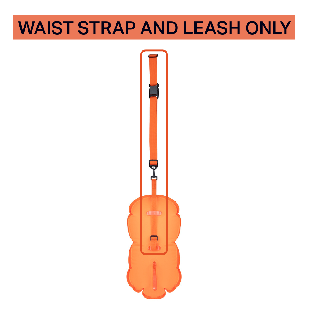 Orange ZONE3 waist strap and leash attachment for tow floats, shown fully extended in a vertical layout. Designed for secure, adjustable fit around the swimmer’s waist with durable clips and reinforced webbing for reliable open-water swim safety. Availabl