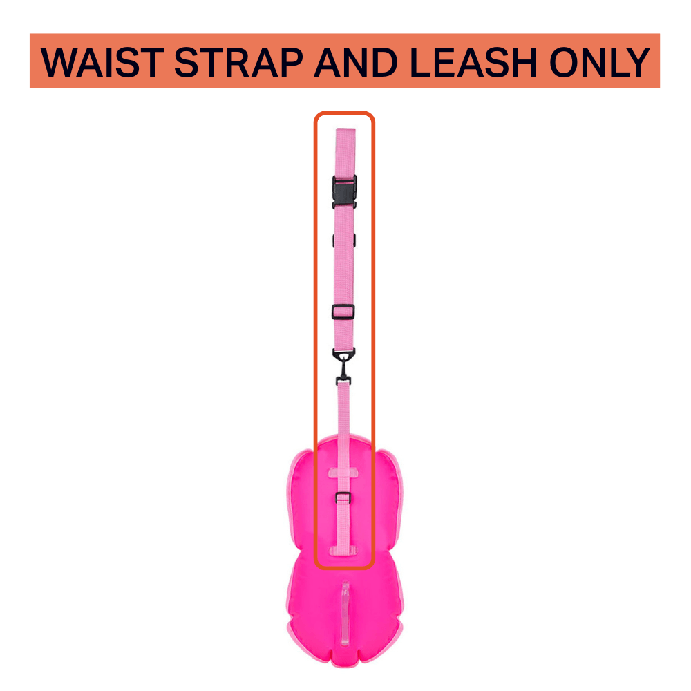 Pink ZONE3 waist strap and leash attachment for tow floats, shown fully extended in a vertical layout. Designed for secure, adjustable fit around the swimmer’s waist with durable clips and reinforced webbing for reliable open-water swim safety. Available 