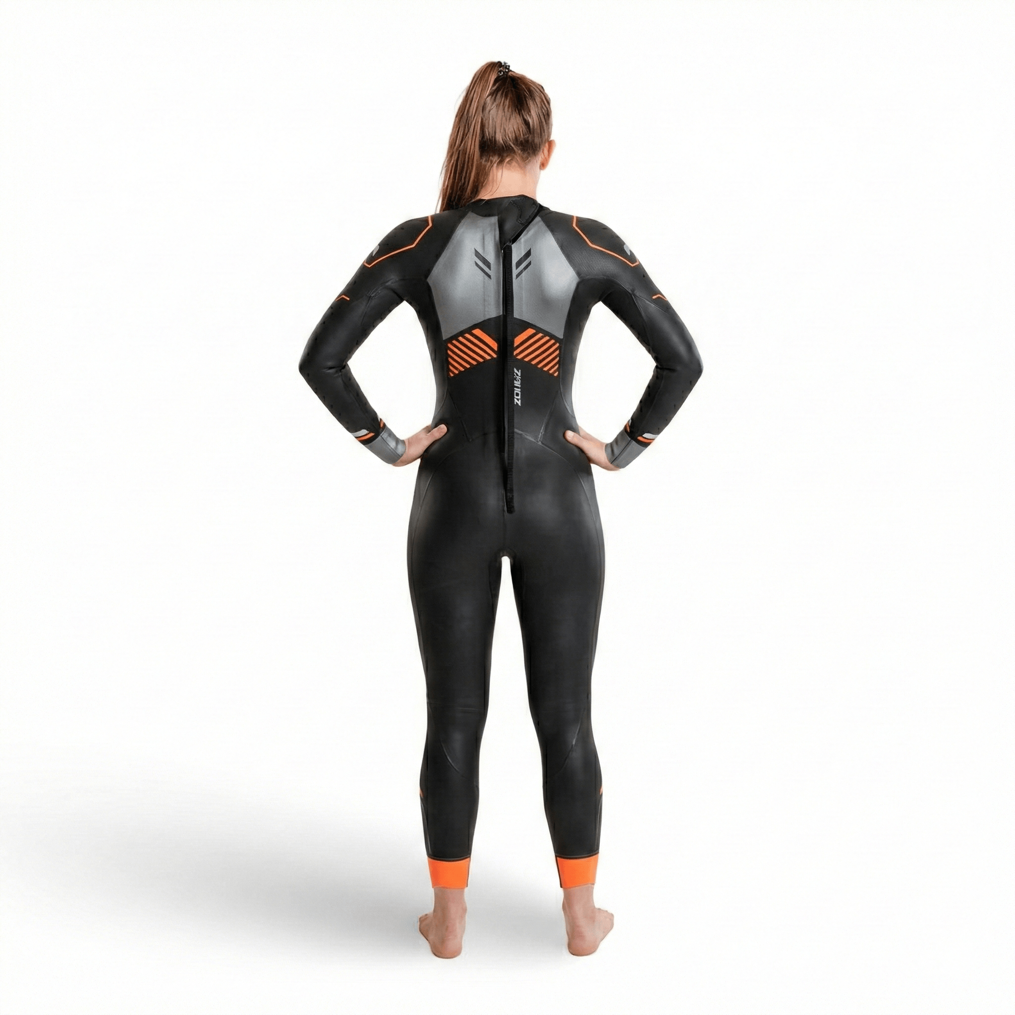 Back view of a Thermal Aspire wetsuit showing a center zipper and orange accent panels.
